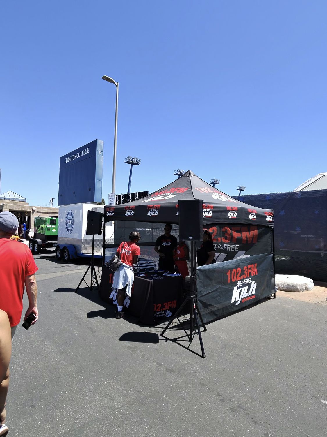Local radio station 102.3 FM KJLH broadcasting from the USATF Junior Olympics at Cerritos College